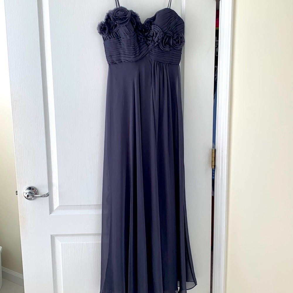 Adrianna Papelle Gray Strapless Evening Gown with Floral Appliqué